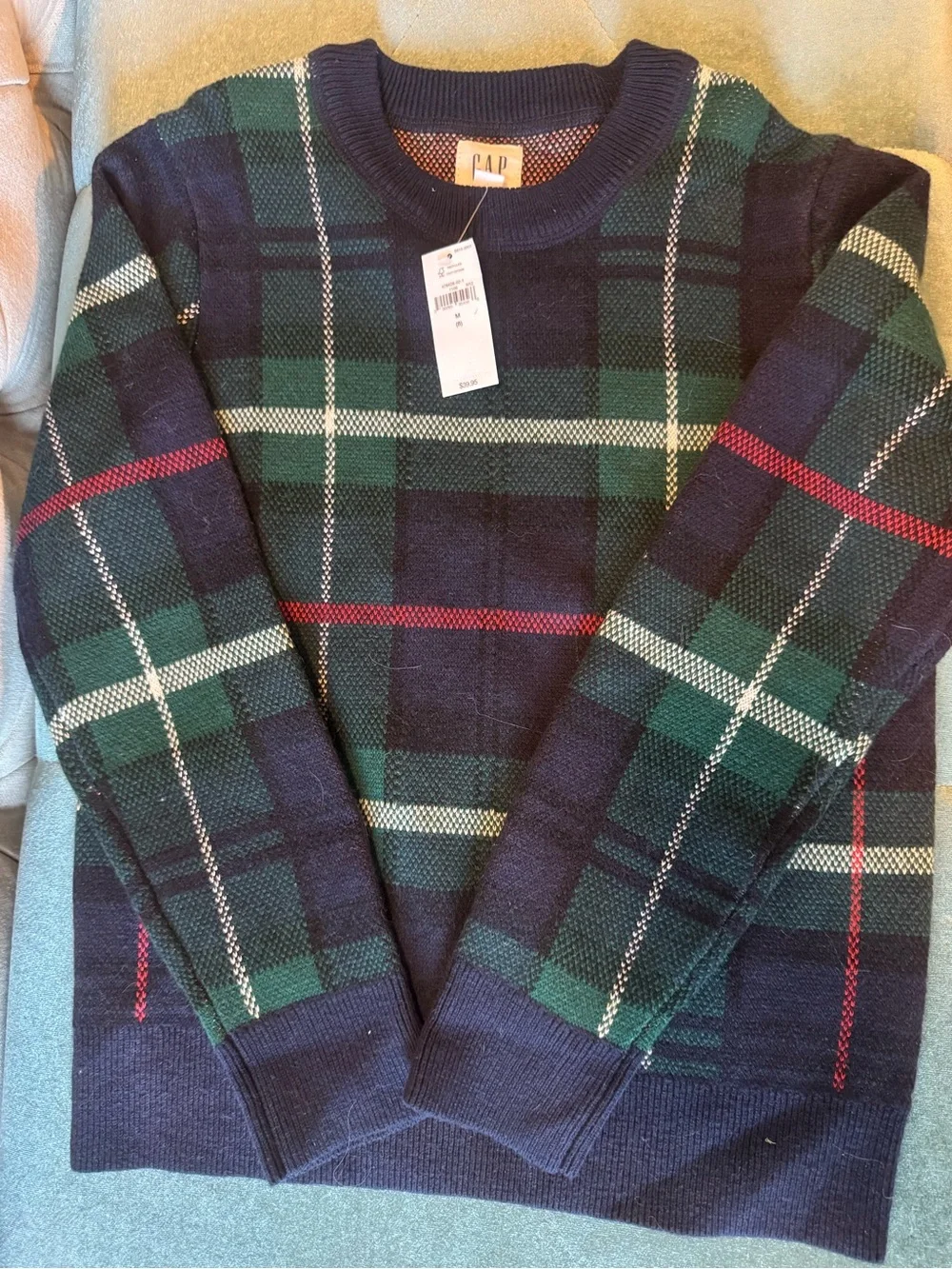 GAP Boys  Navy, Green & Red Plaid Crewneck Sweater